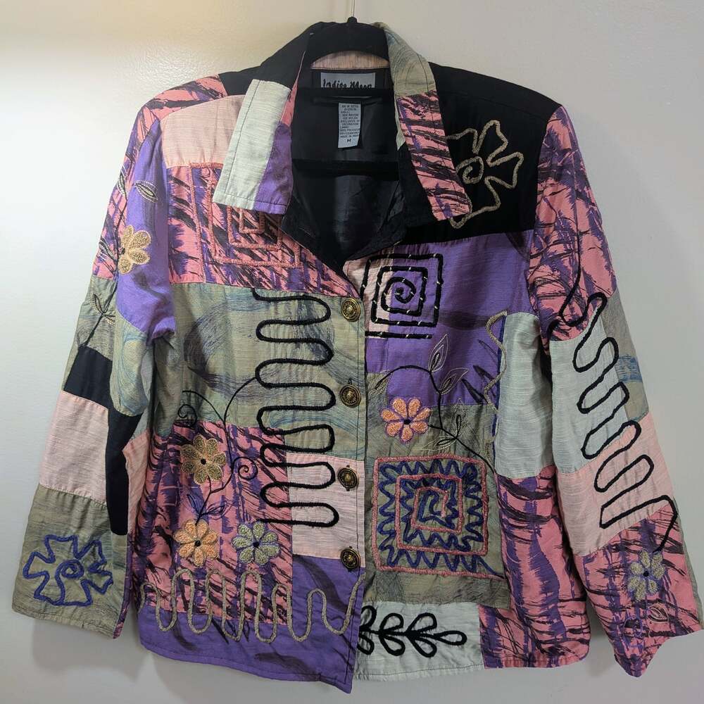 Indigo Moon Artistic Patchwork Embroidered Button-Down Jacket Size M